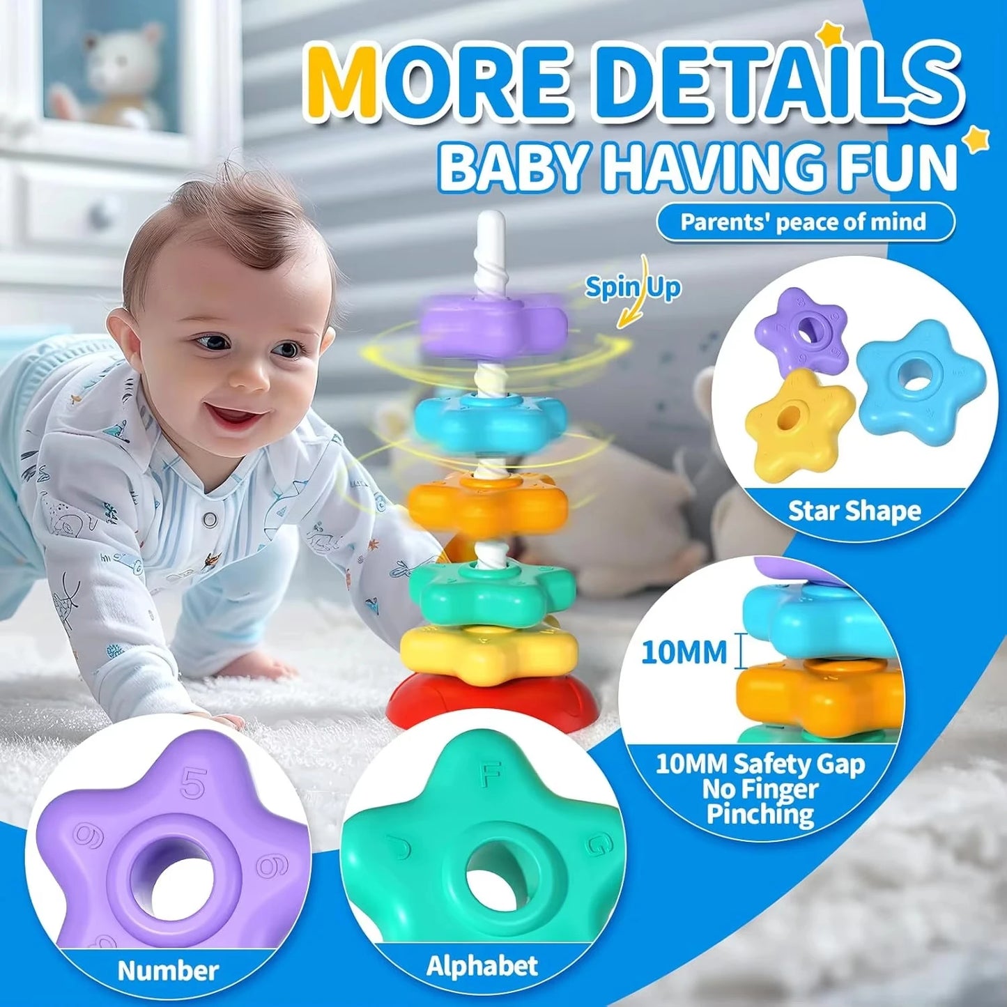 Torre giratoria arcoíris Montessori, juguete apilable para bebés, desarrolla la motricidad fina. Ideal para niños. Regalo perfecto.