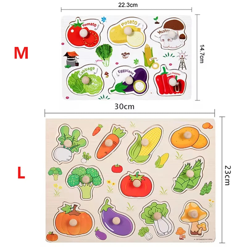 Juguetes Montessori para bebés, rompecabezas de madera con clavijas, tableros de agarre, juguetes Tangram, rompecabezas de animales de dibujos animados, frutas, rompecabezas 3D, juguetes educativos.