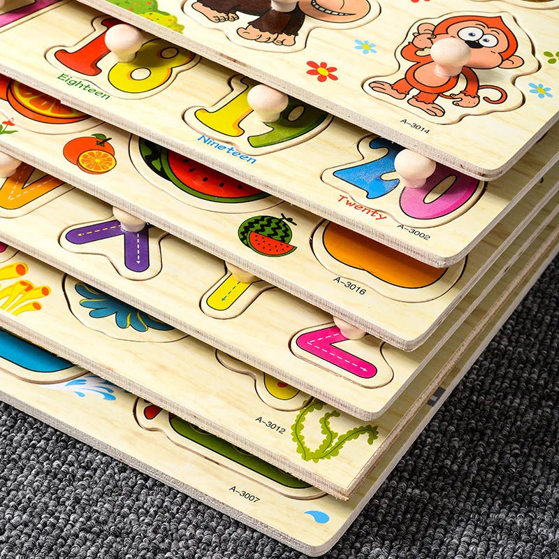 Juguetes Montessori para bebés, rompecabezas de madera con clavijas, tableros de agarre, juguetes Tangram, rompecabezas de animales de dibujos animados, frutas, rompecabezas 3D, juguetes educativos.