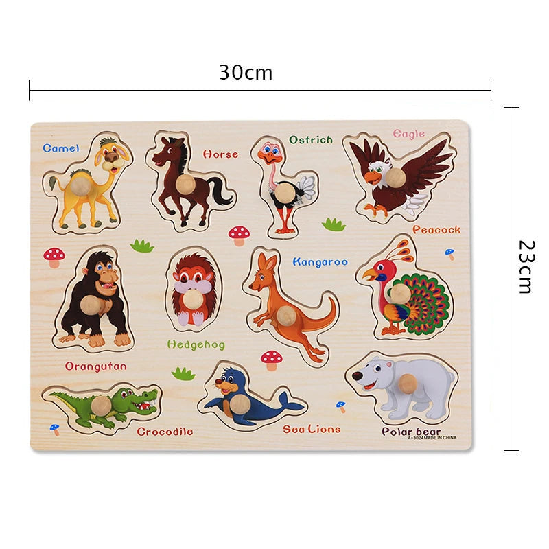 Juguetes Montessori para bebés, rompecabezas de madera con clavijas, tableros de agarre, juguetes Tangram, rompecabezas de animales de dibujos animados, frutas, rompecabezas 3D, juguetes educativos.